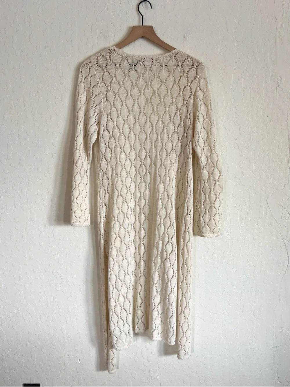 Vintage White Stag Cotton Ramie Crochet Knit Open Front Long Cardigan Small Pet